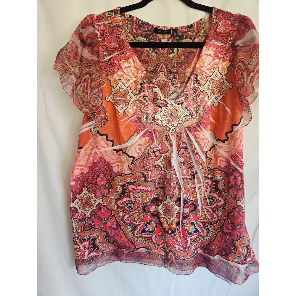 Apt 9 Blouse Womens 1X Orange Excellent Paisley Studded Sheer Hem Flutter Sleeve